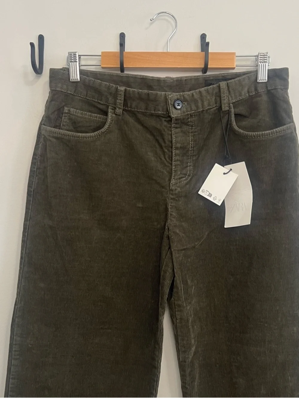 NWT Zara Dark Olive/Brown Corduroy Pants Career Careerwear Work Office Wide Leg - Picture 3 of 9